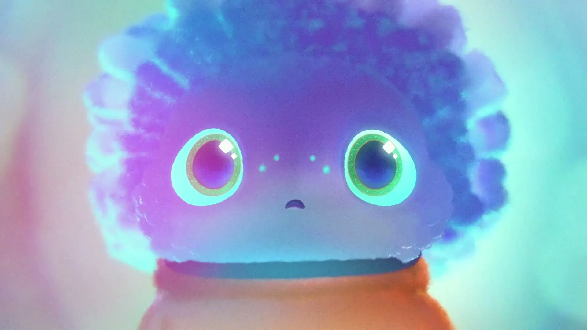 A cute, fluffy, purple and blue alien creature with large, glowing green eyes looks directly at the camera in a soft, ethereal setting.