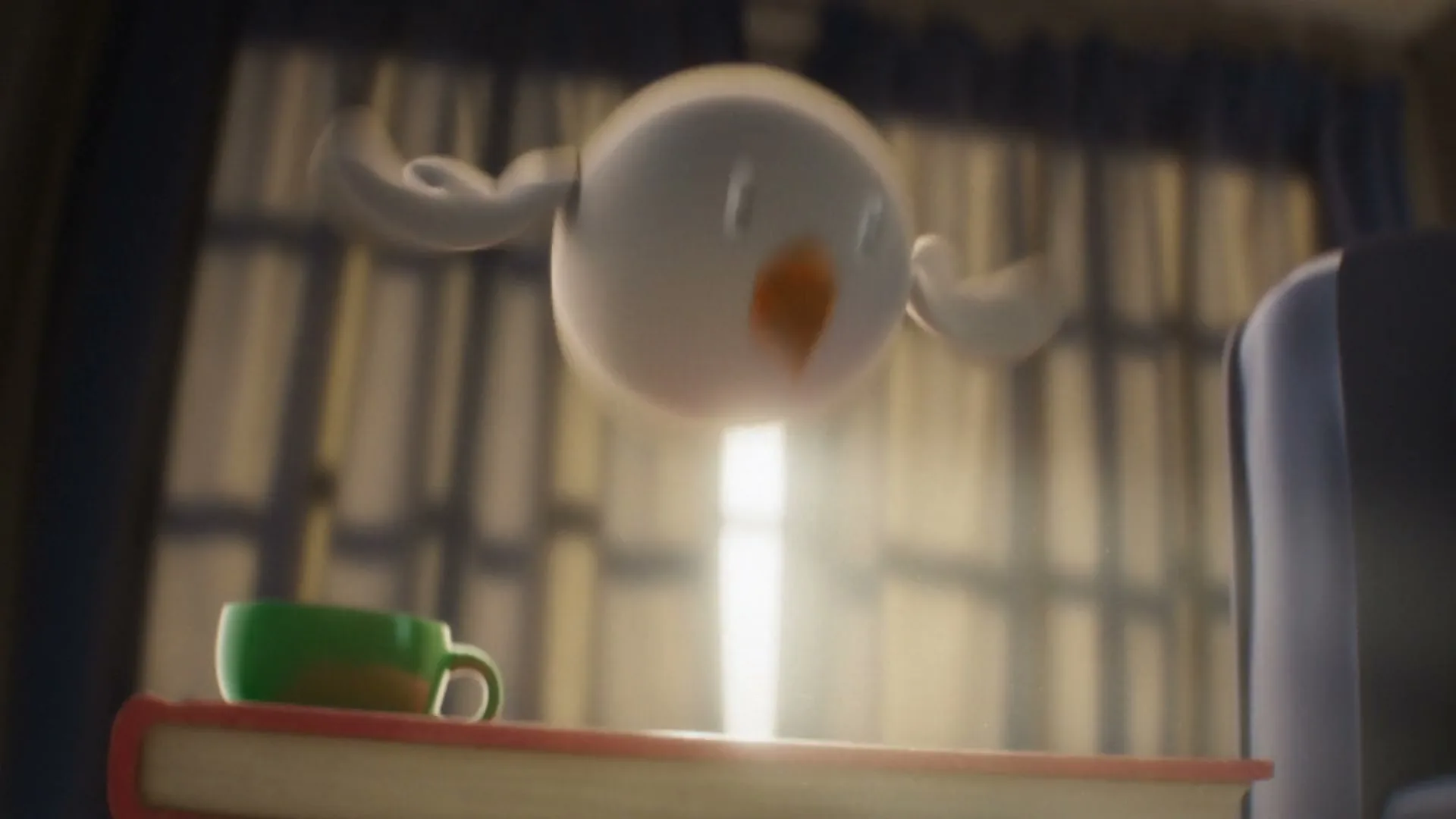 A small, round, white animated bird-like creature with an orange beak wakes up and floats above a book in a sunlit room.