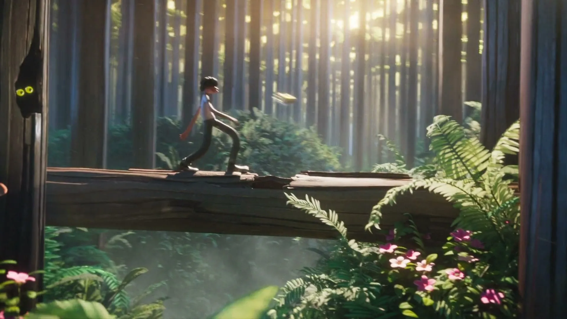 A young animated boy walks across a fallen log bridge in a lush, sun-dappled forest, tossing a glowing orb.