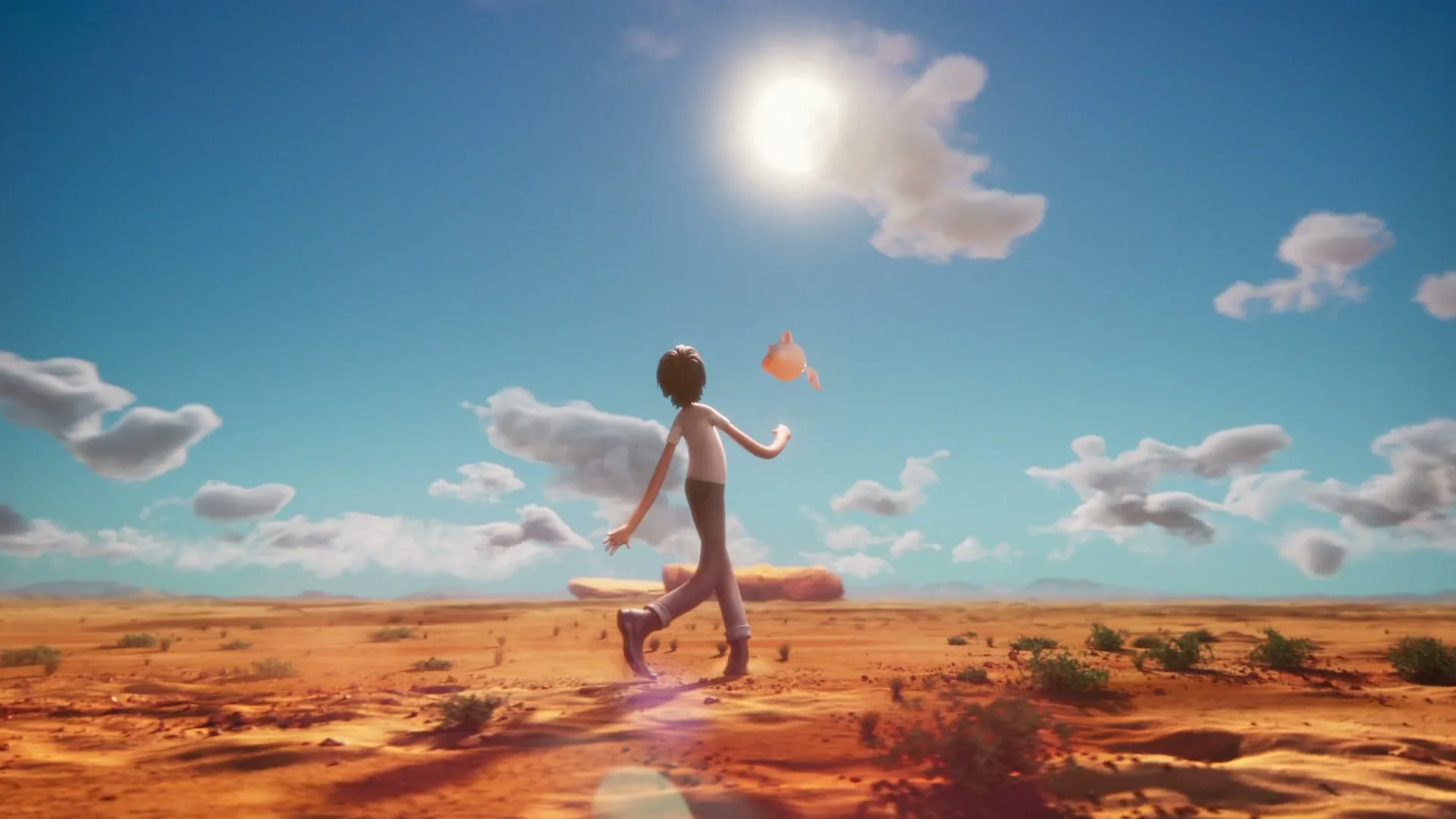 A young animated boy in a white t-shirt and grey pants walks across a vast desert landscape, juggling a small, glowing orange orb as the sun sets.