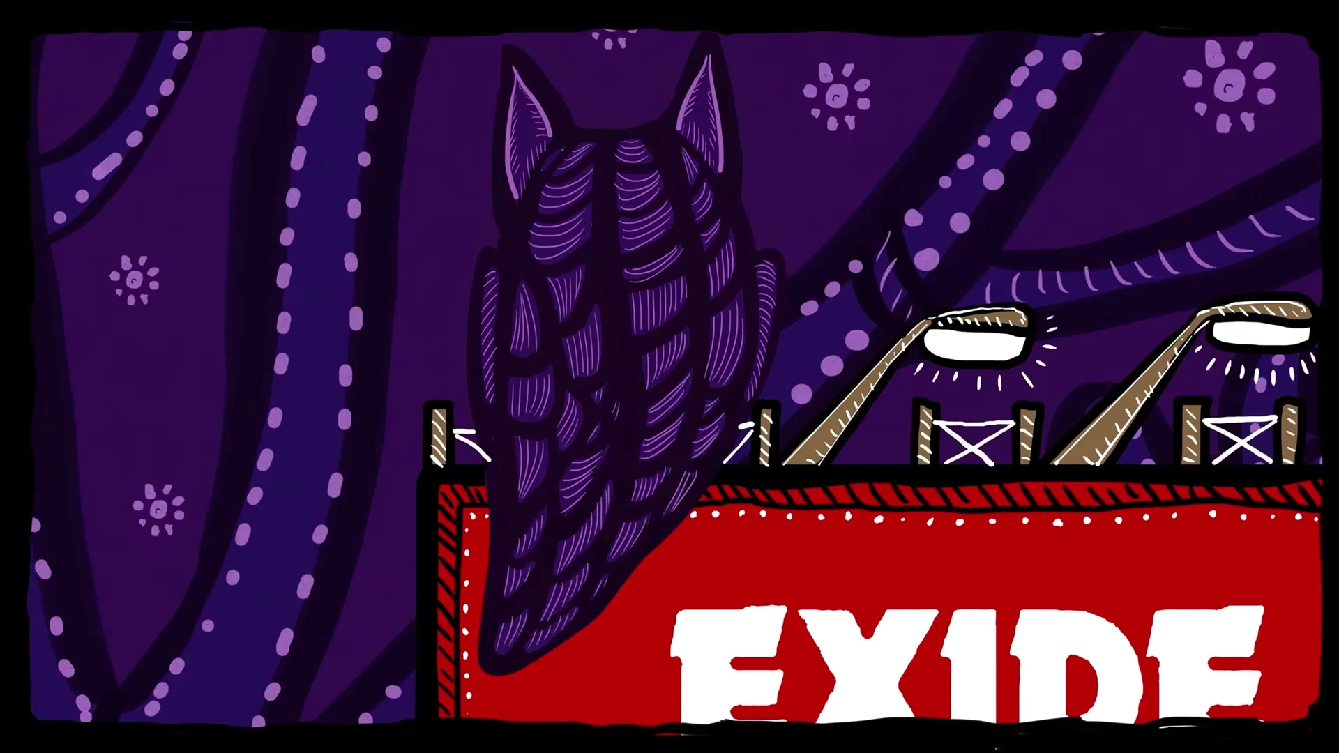 An animated owl perches on a red billboard with the word "EXIDE" written on it, under two streetlights at night.
