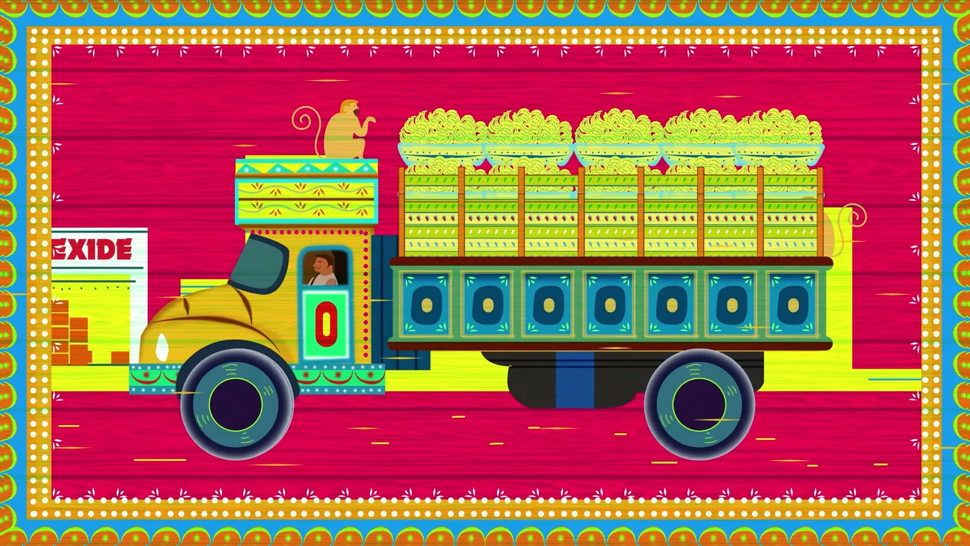 A colorful, stylized animated truck, adorned with traditional patterns and carrying a load of hay, drives across a vibrant pink and yellow background.