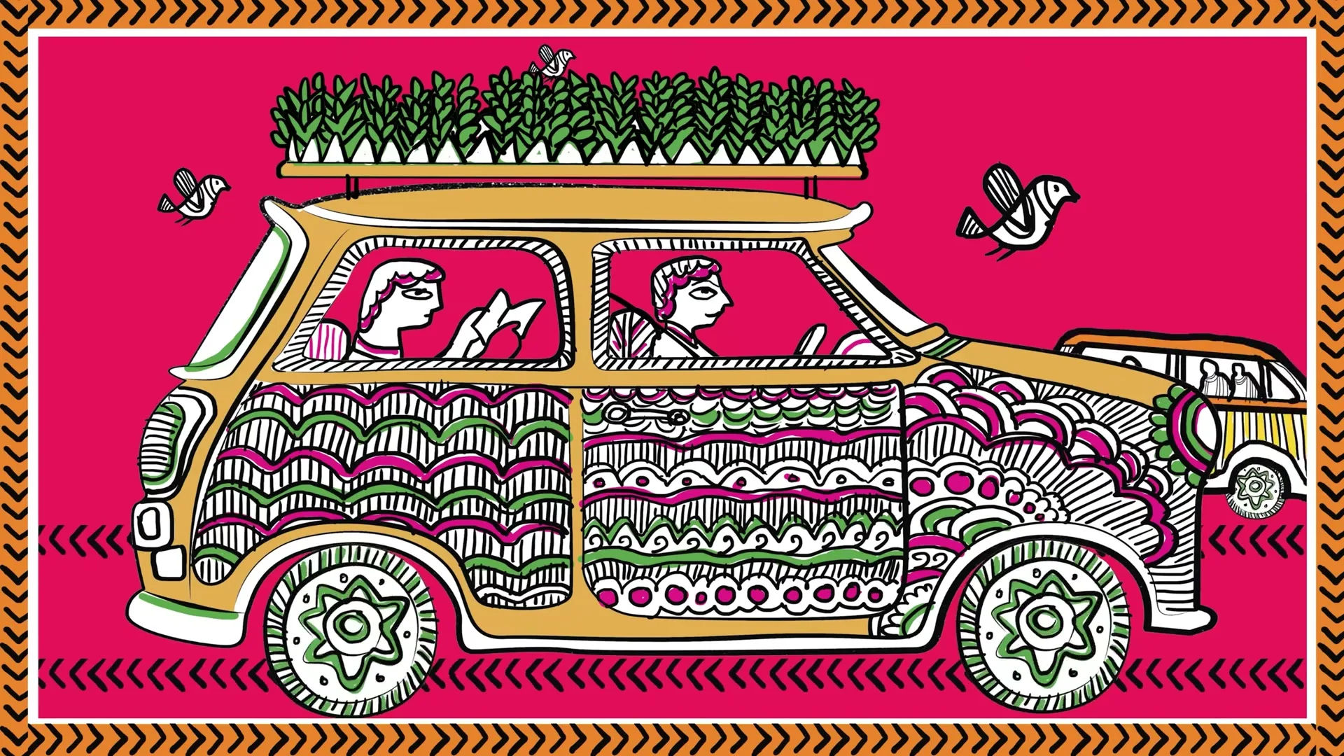 An animated yellow car with intricate patterns and plants on its roof drives across a pink background with two people inside.