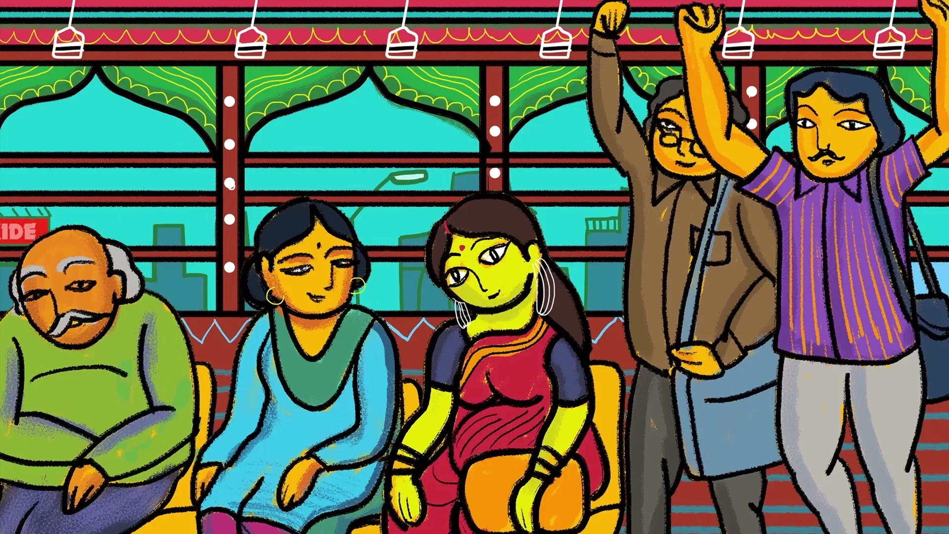 A group of animated people, some seated and some standing, are riding inside a colorful bus, with windows showing a city street outside.