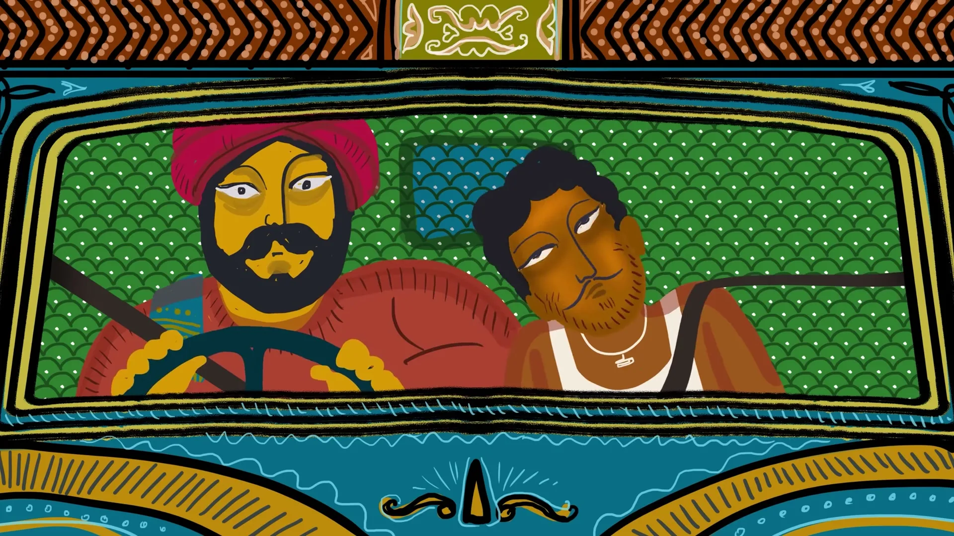 Two animated men, one with a red turban driving a truck, and another in a white tank top, are seen through the windshield.