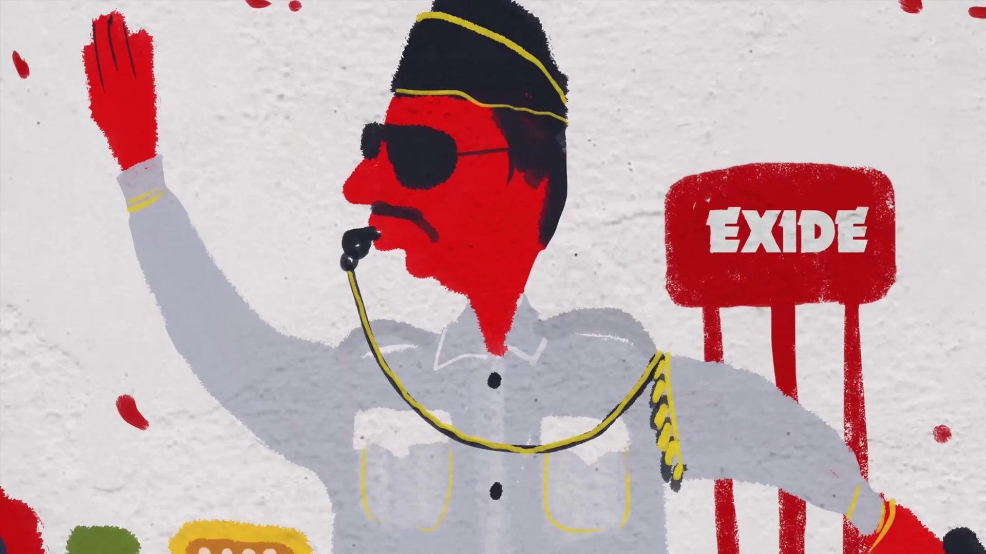 A stylized animated male traffic police officer with a red face and sunglasses blows a whistle, with an "EXIDE" branded chair behind him.