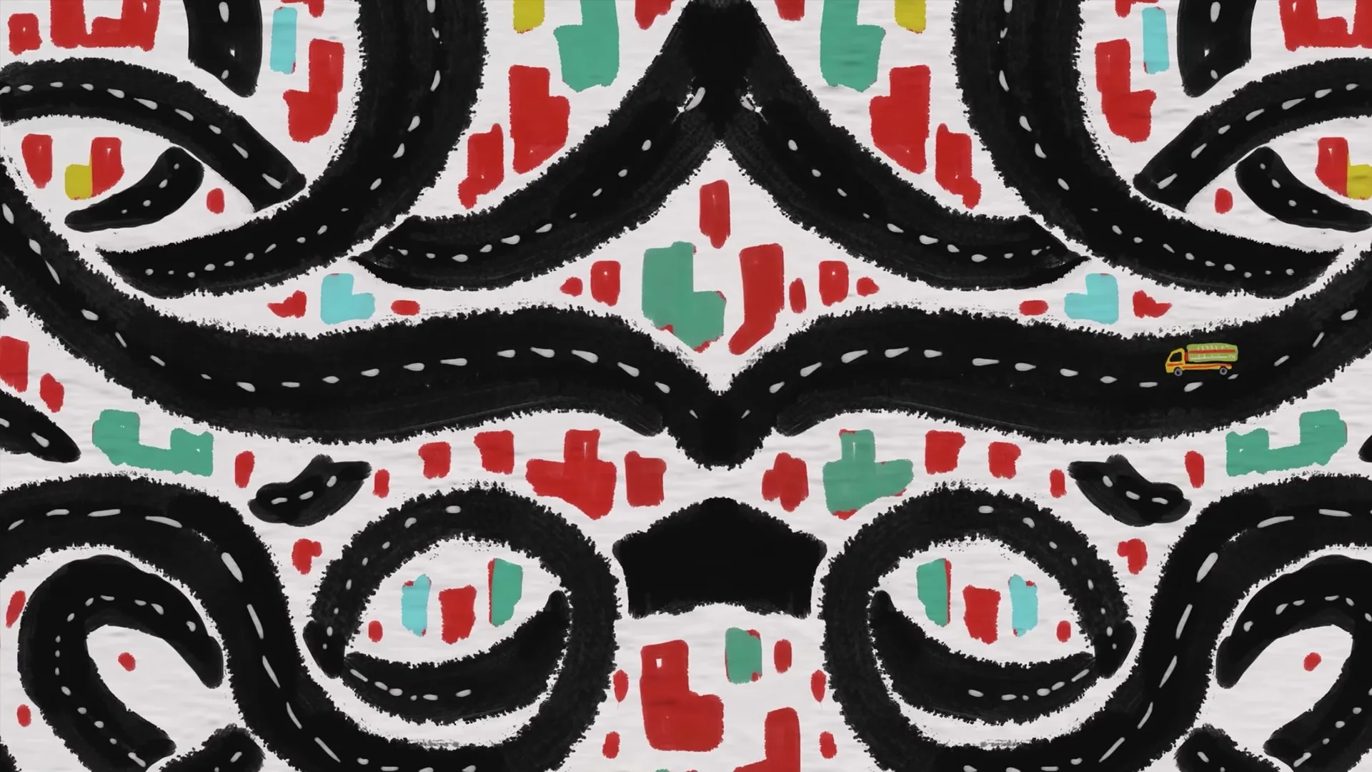 A stylized, symmetrical drawing of black roads with white dashed lines, surrounded by red, green, and yellow shapes, with a small yellow truck driving on a road.