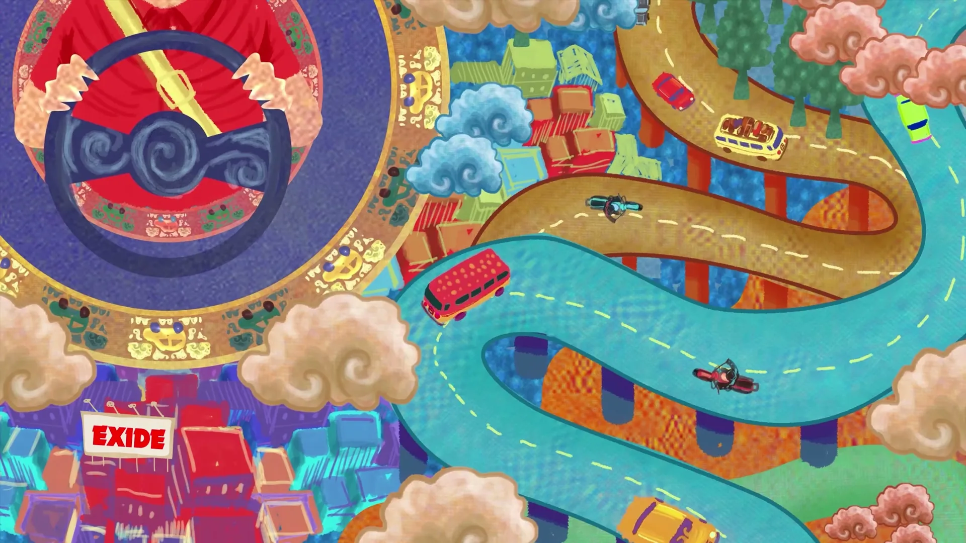 An animated, colorful, stylized overhead view shows a person's hands on a steering wheel, with roads and vehicles winding through a city and landscape.