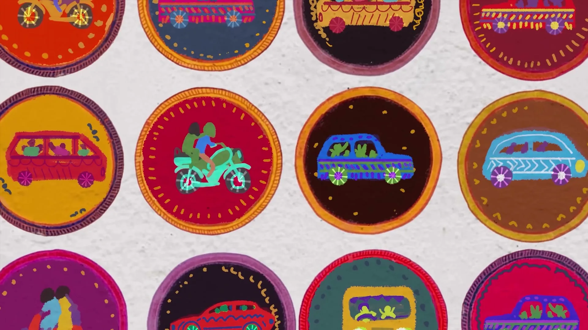 A grid of colorful, circular badges with folk-art style illustrations of various vehicles and people, against a textured white background.