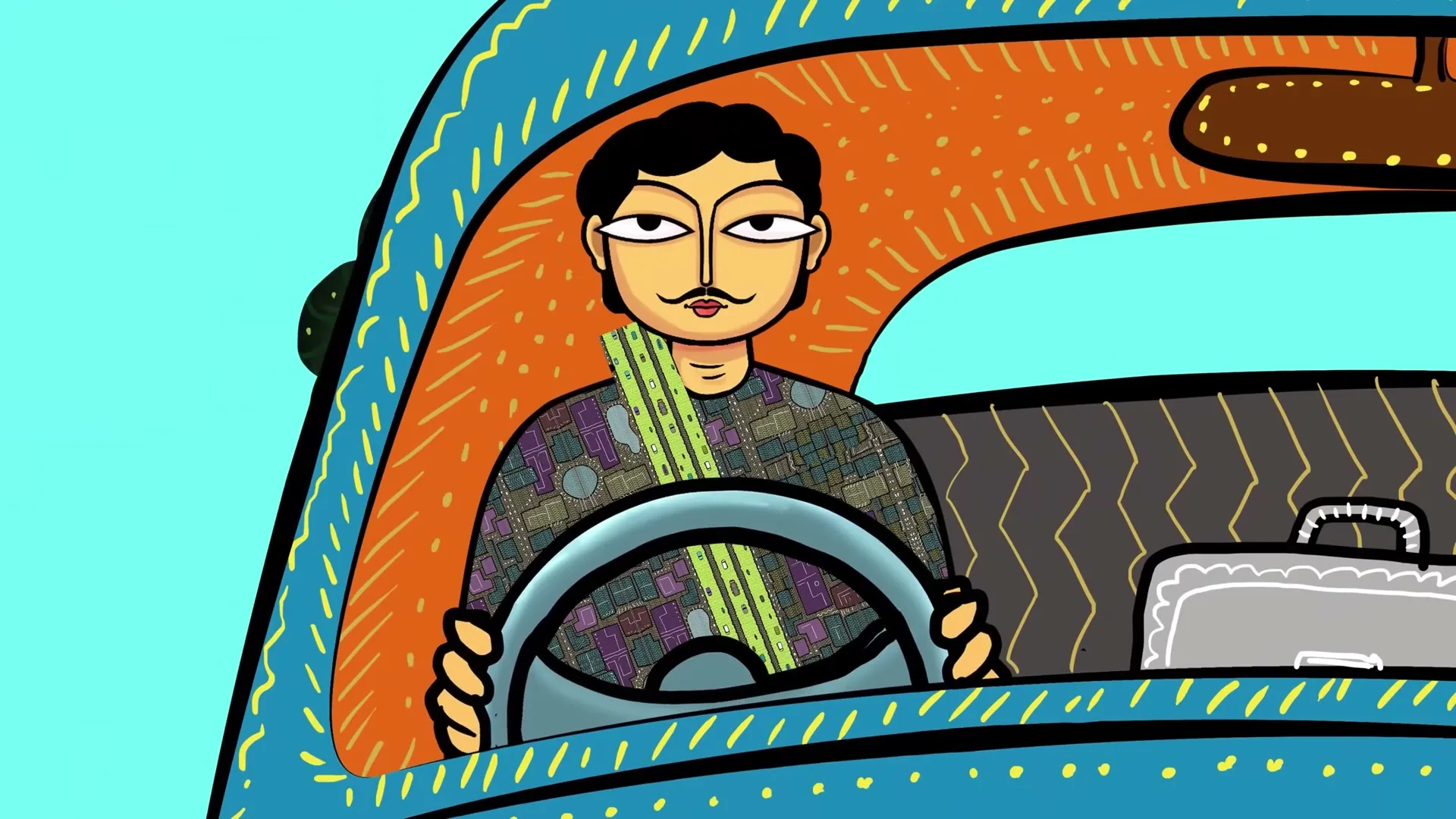 An animated man with a mustache, wearing a patterned shirt, drives a blue car with a green tree visible outside the window.