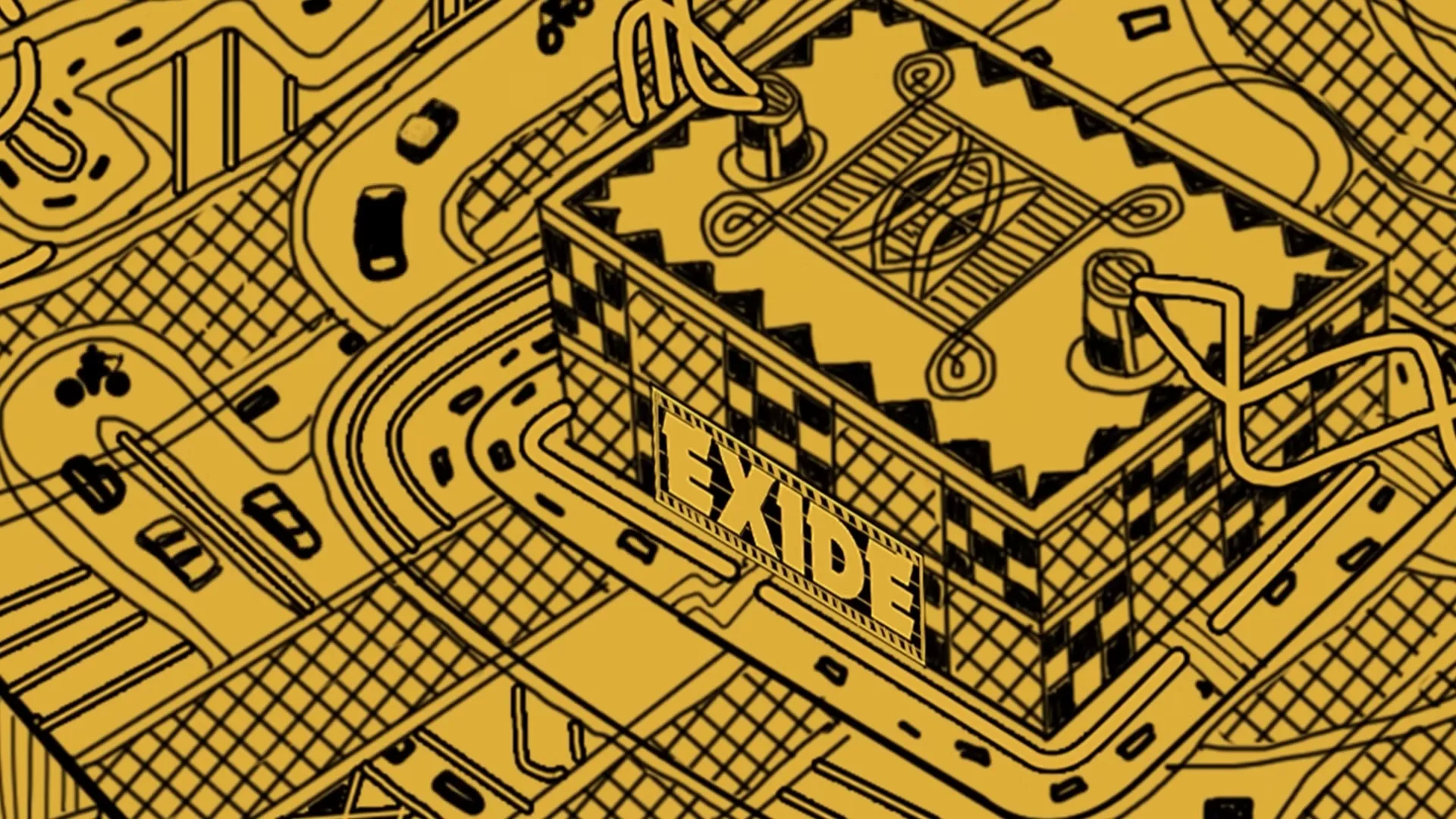 An animated, stylized Exide car battery is shown on a yellow background with black line art resembling roads and city blocks.