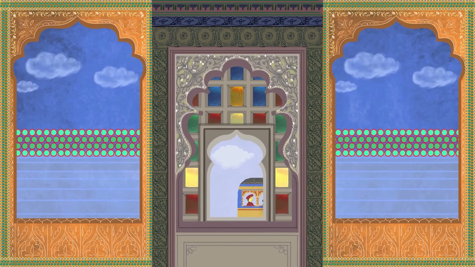 A stylized animation shows a red truck driving past three ornate windows, then the camera pans to the right, revealing a detailed window with stained glass.