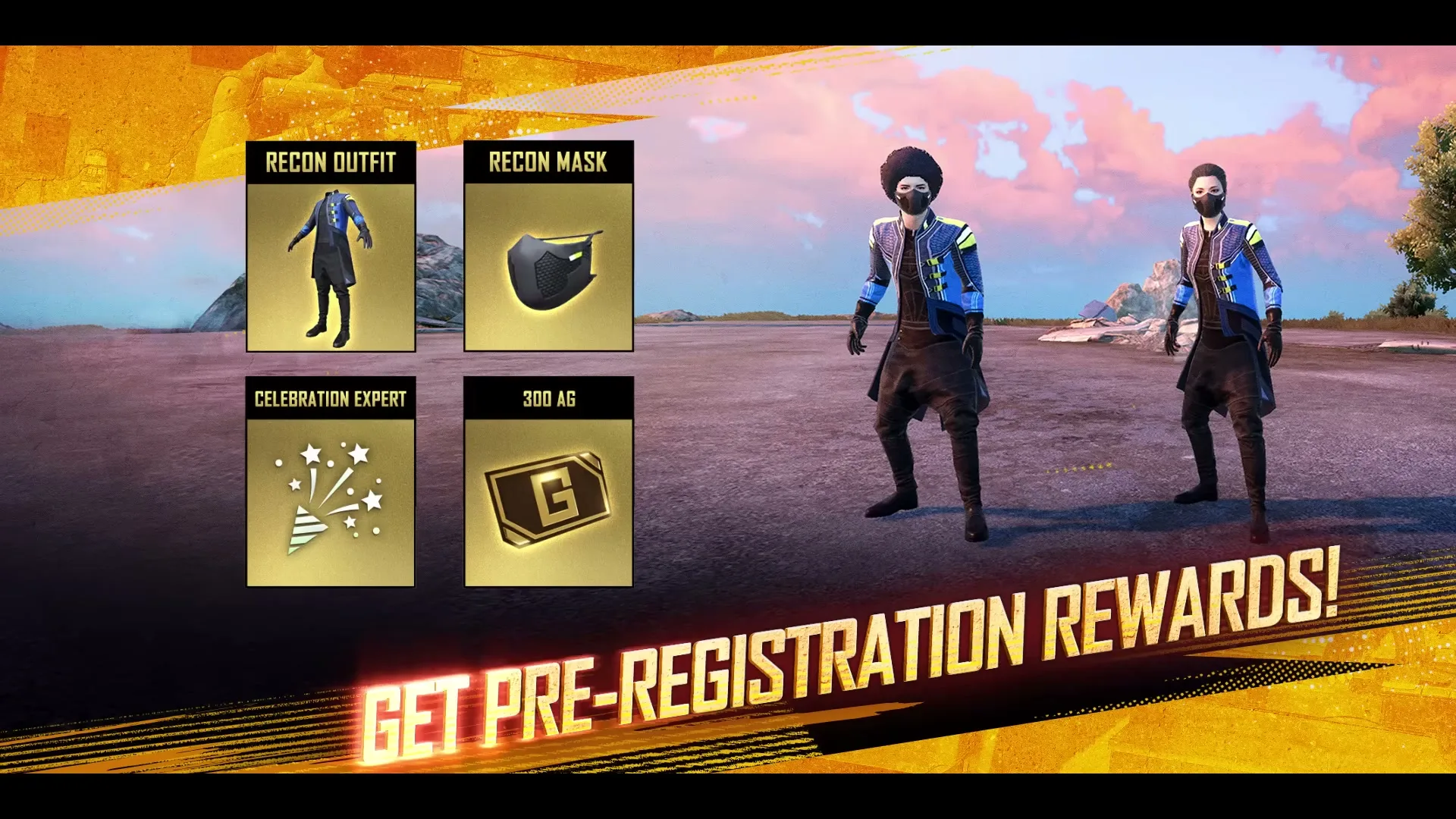 Two stylized CG characters, one male and one female, stand in a barren landscape as various in-game rewards appear around them, with text at the bottom.