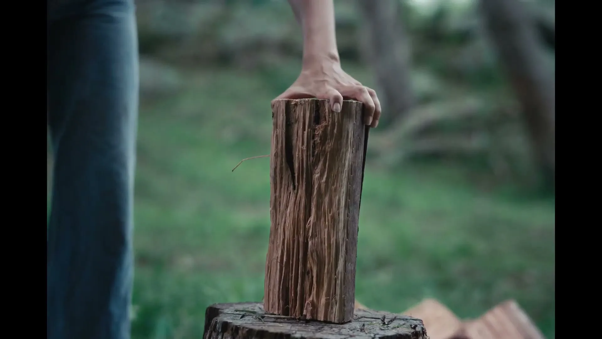 A woman's hands place a log on a tree stump, preparing to chop wood in a natural, outdoor setting.