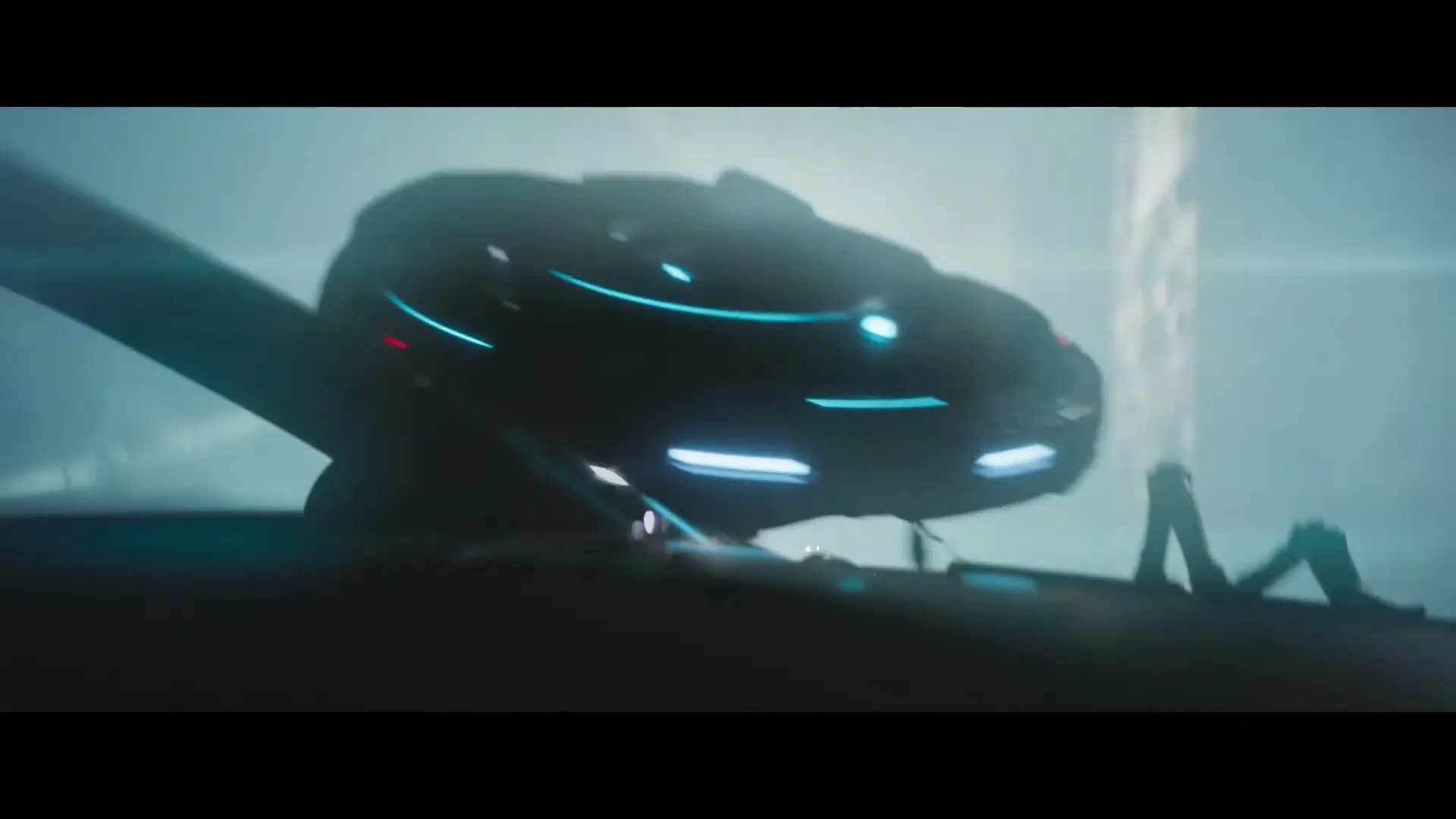 A futuristic car with glowing blue lights transforms into a flying vehicle, rising from a dark, smoky environment.