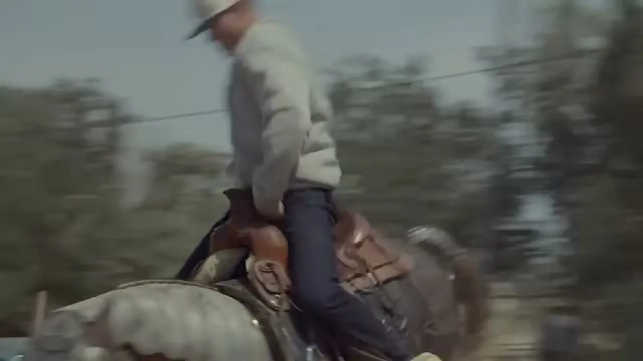 A male cowboy in a white hat and grey sweatshirt rides a mechanical bull, holding on tightly as it bucks and spins outdoors during the day.