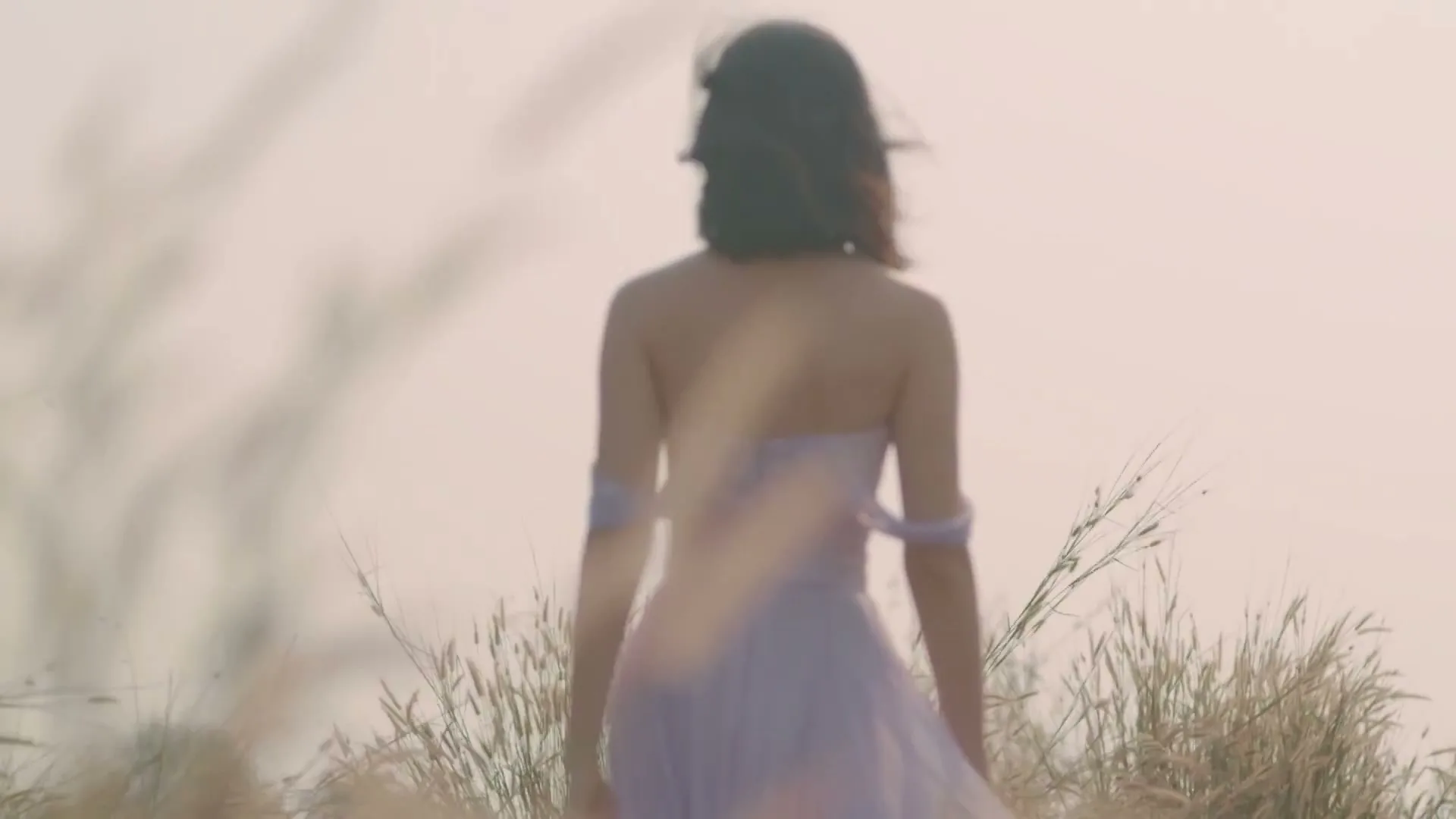 A young woman in a lavender dress walks away from the camera through a field of tall grass at golden hour.