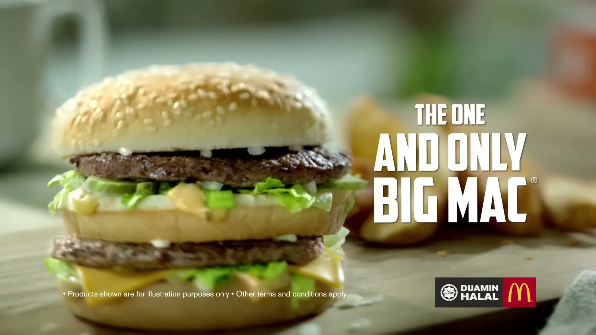 A Big Mac burger with two patties, lettuce, cheese, and sesame seed bun is shown on a wooden board with fries in the background.
