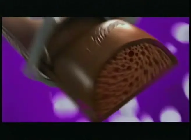 A chocolate bar with a bubbly texture is shown against a purple background with white bubbles, then two chocolate bars appear with text.