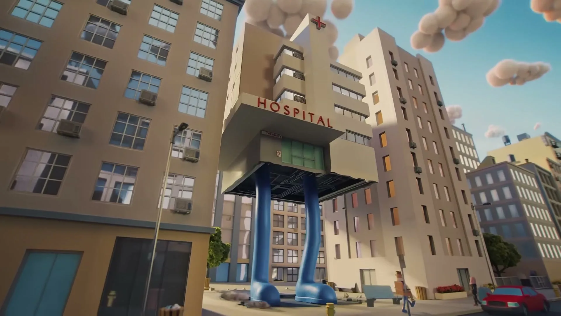 A large hospital building with giant blue legs walks through a city street, surrounded by other buildings under a blue sky.