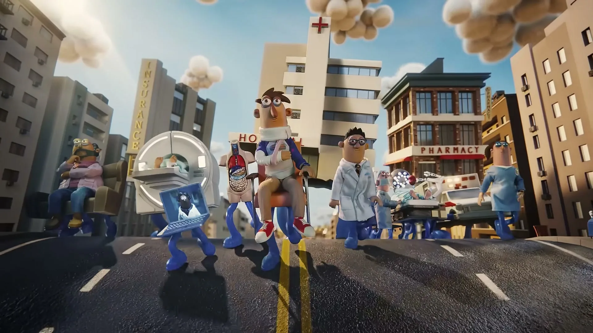 A claymation man with a neck brace sits in a wheelchair, surrounded by other claymation figures representing medical services, on a street in a city.