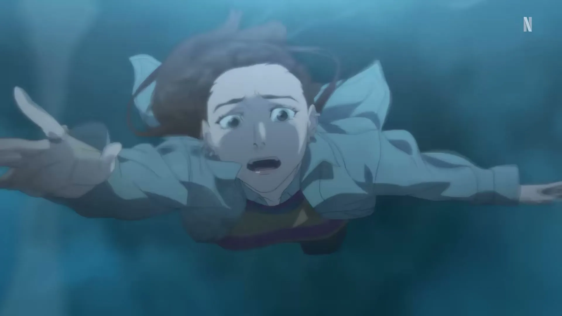 A young woman with brown hair and a light blue jacket falls through a dark blue, watery void, looking frightened, then two men fight with swords in a ruined city.