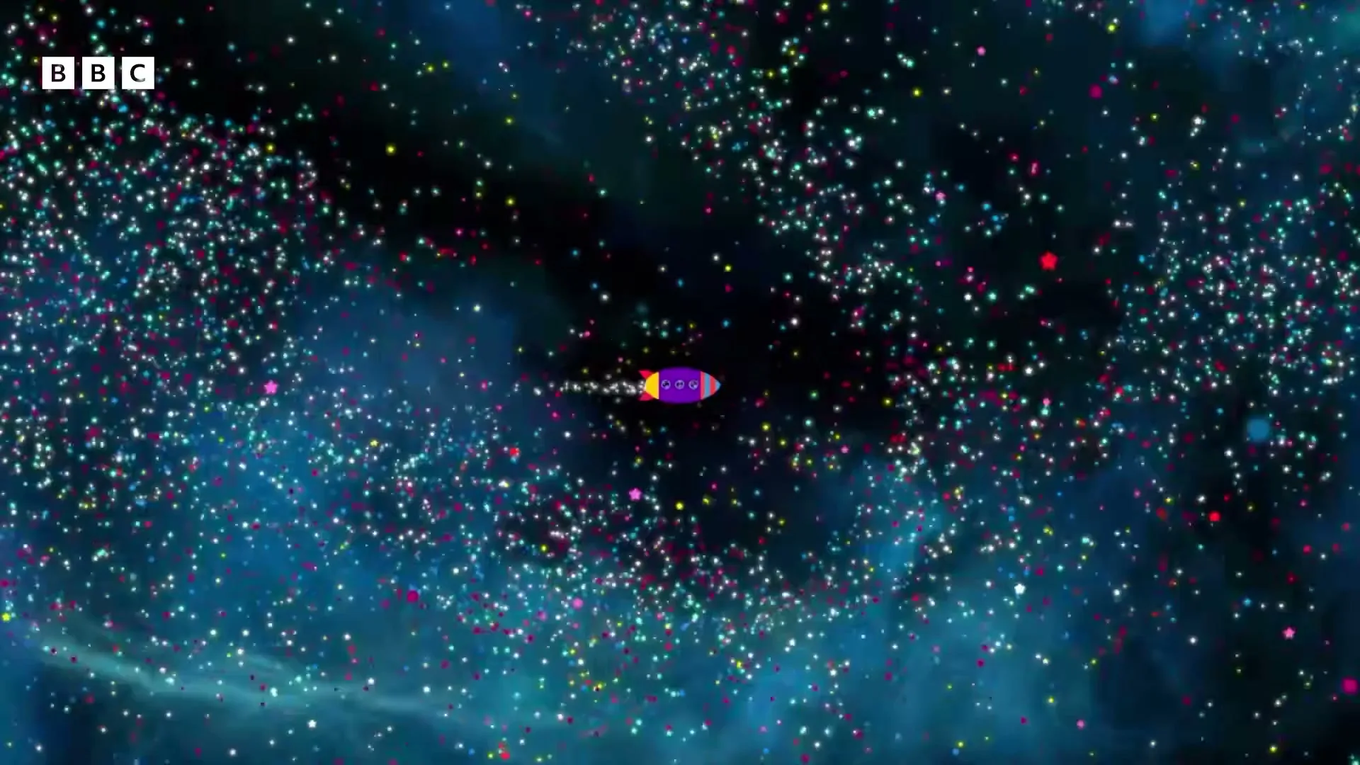 A colorful cartoon rocket ship with three portholes, each showing a different cartoon character, flies through a starry, animated space.