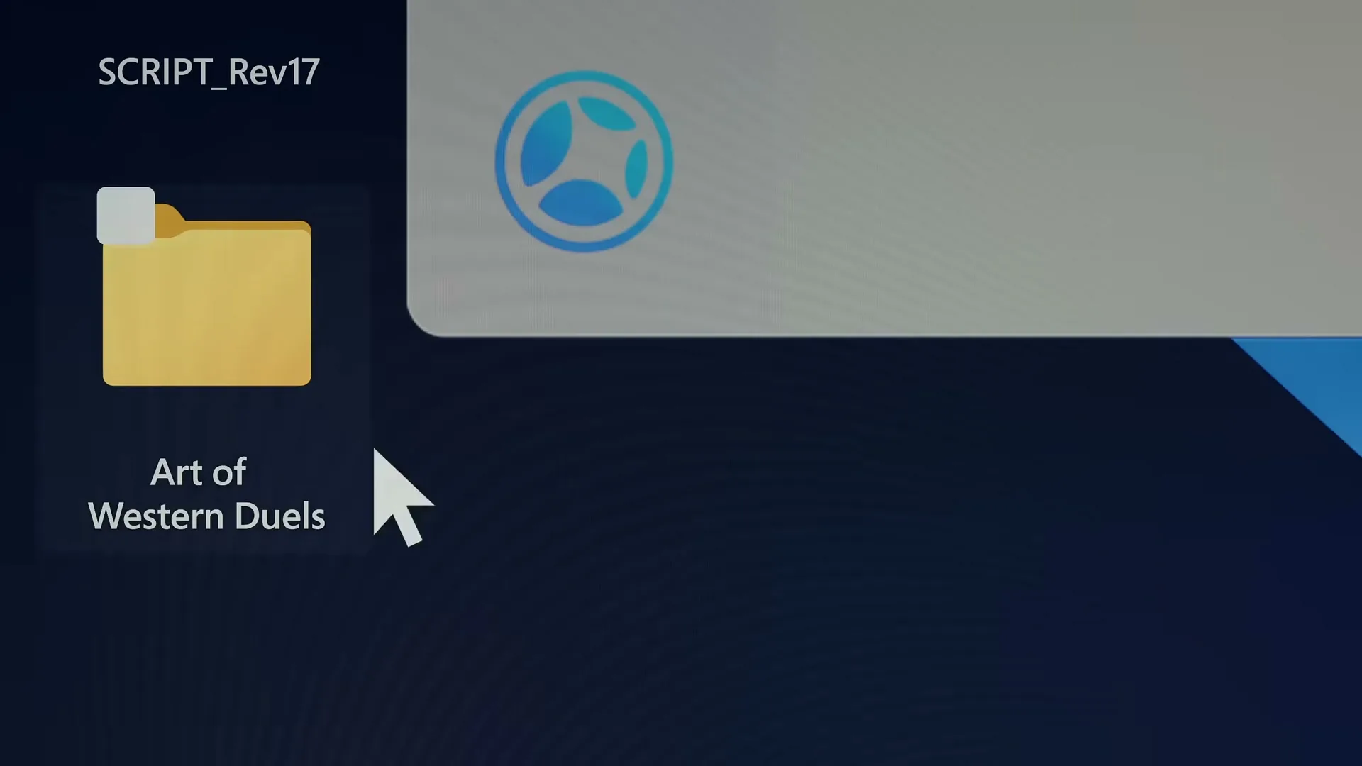 A computer mouse cursor drags a folder icon labeled "Art of Western Duels" across a dark blue desktop with other icons.