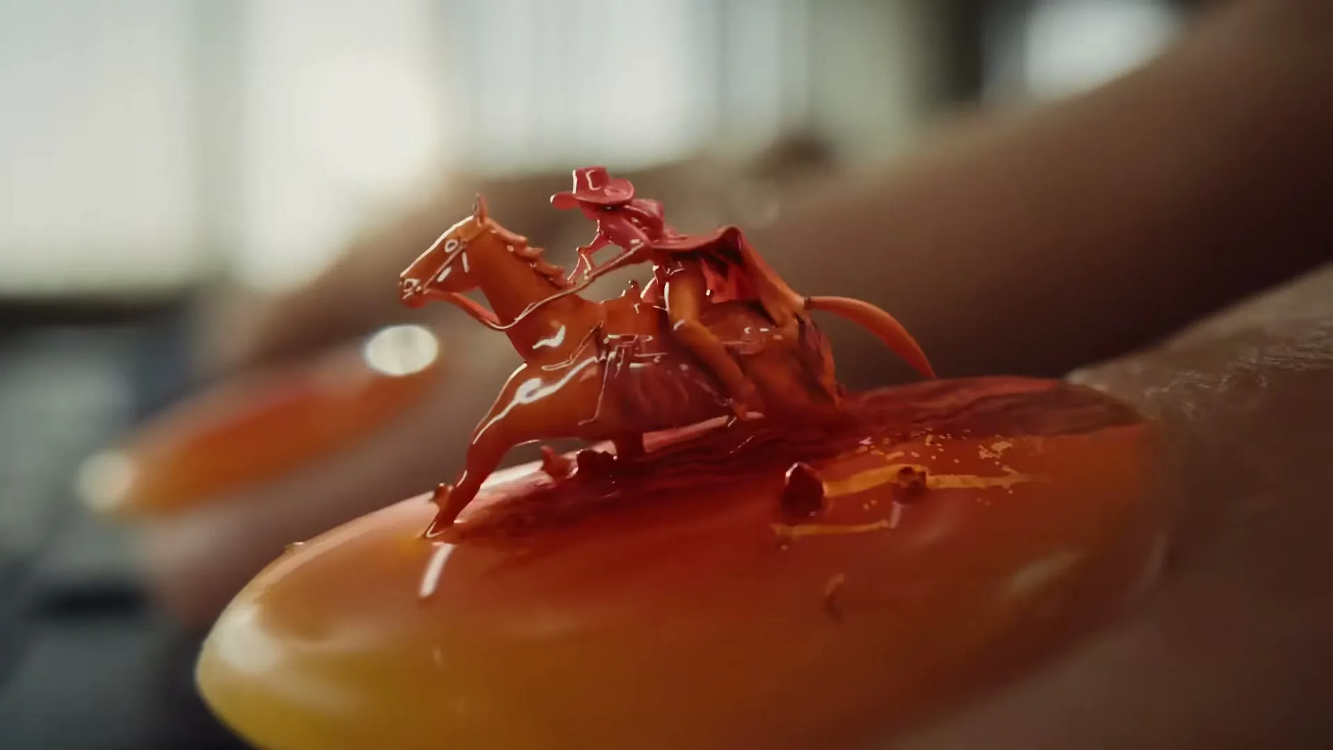 A tiny cowboy on a horse figurine emerges from a woman's orange painted fingernail, covered in orange liquid.