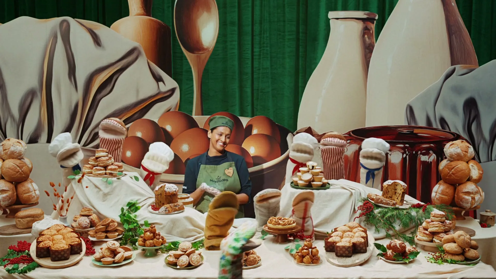 A smiling female baker in a green uniform stands behind a table laden with various baked goods, surrounded by oversized kitchen props in a festive setting.