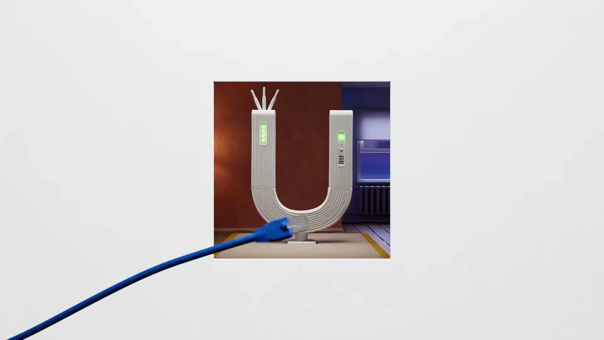 A white U-shaped device, resembling a router, is centered in a split-screen room, with cables plugging into it as the camera pulls back.