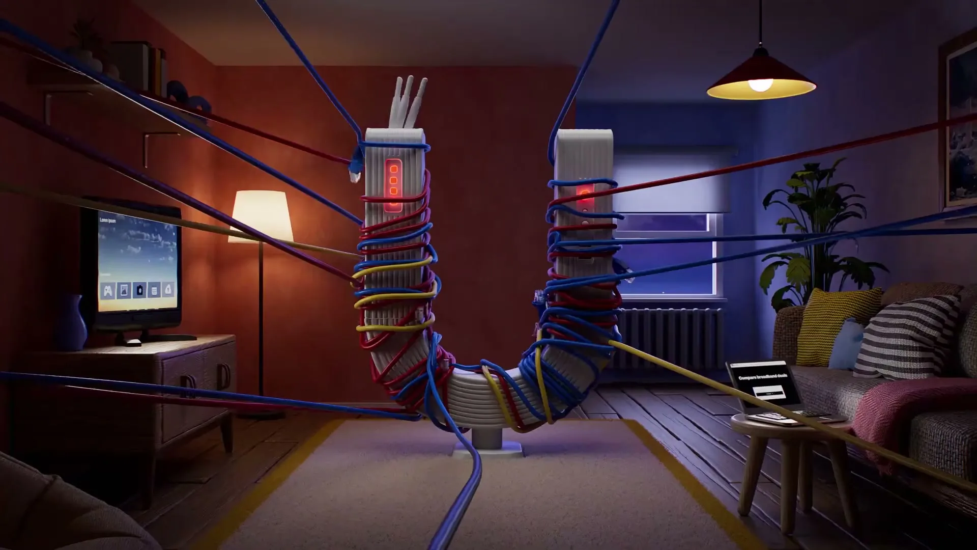 A U-shaped router in a living room is tangled with red, blue, and yellow cables, as the lights on the router turn red.