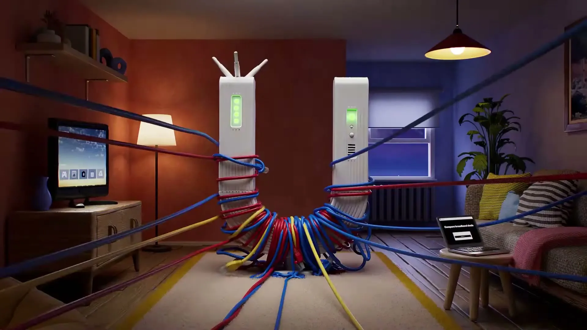 A U-shaped router, made of two vertical white boxes connected by a curved base, is shown in a living room, with many colorful cables detaching from it.