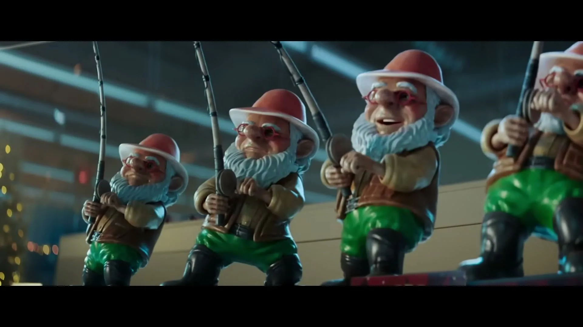 A row of four garden gnomes, dressed in fishing attire with red hats and white beards, stand on display in a store aisle.