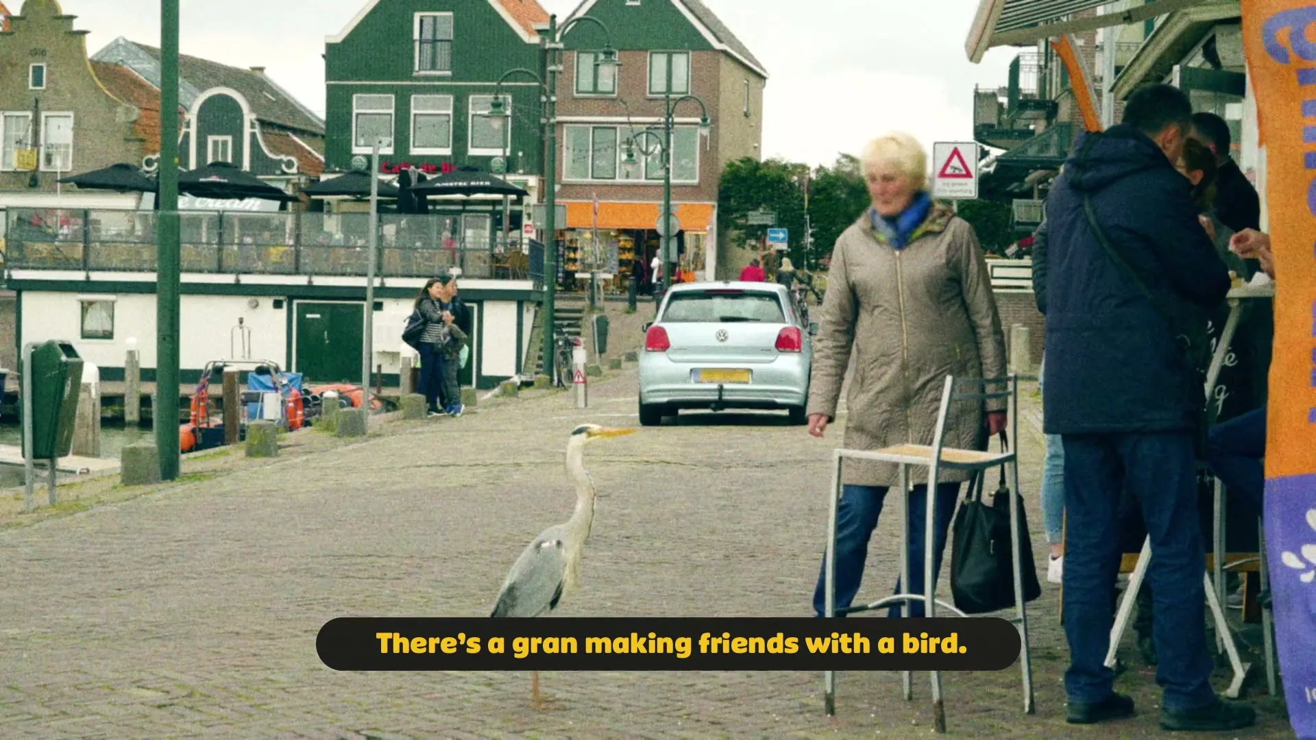 A woman in a gold jacket and blue scarf stands next to a heron on a cobblestone street in a European village.