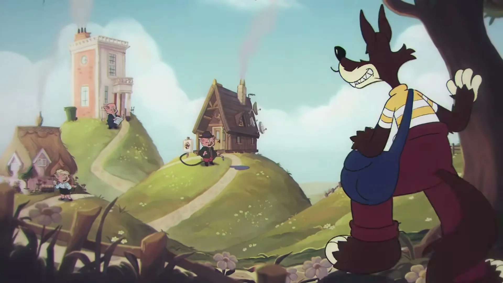 A cartoon wolf in a yellow striped shirt and red pants walks past the camera, looking at three cartoon pigs in their houses on rolling hills.