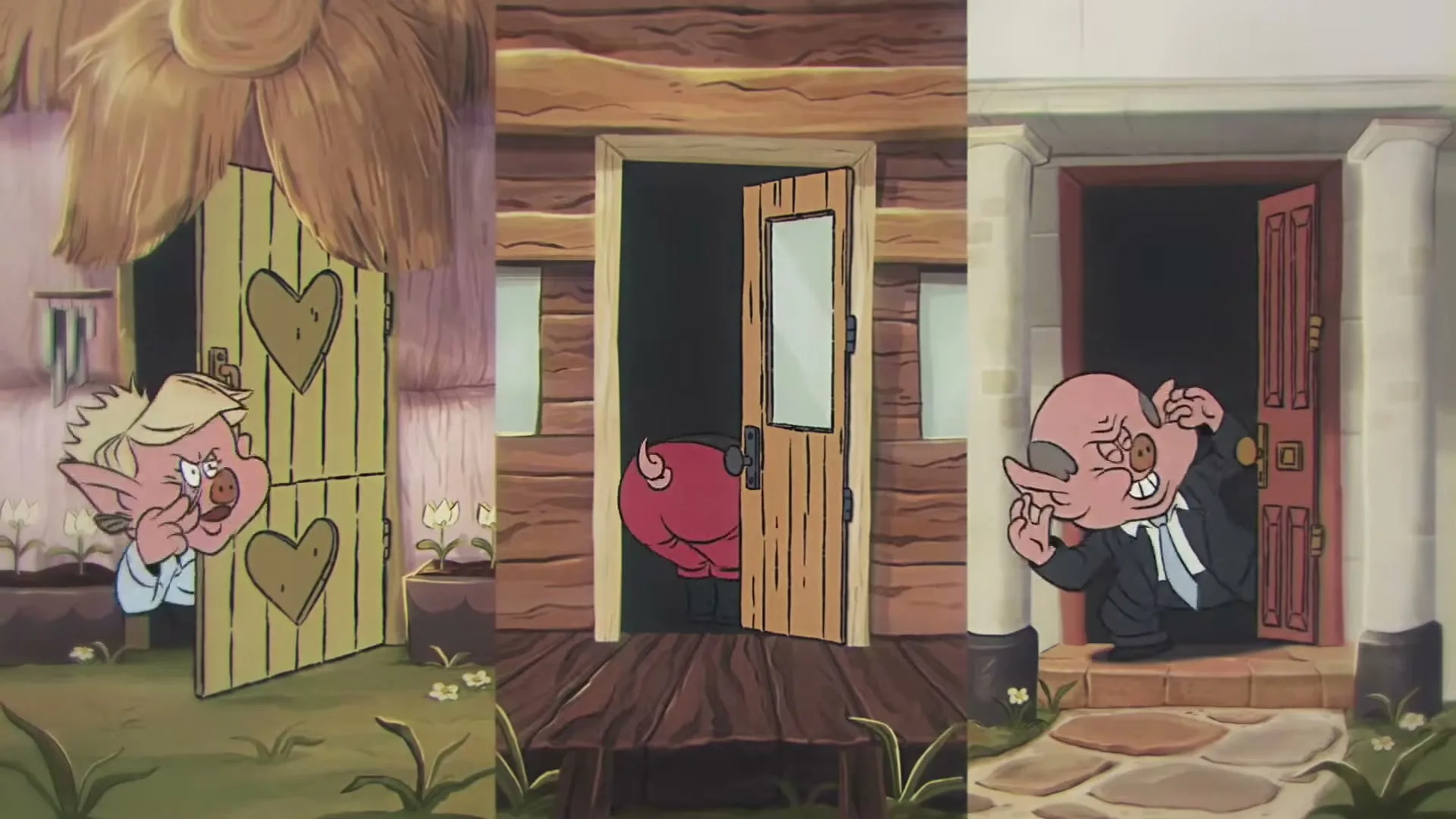 Three cartoon pigs, each in a different house, are seen through their open doors, looking out with worried expressions as the doors close.