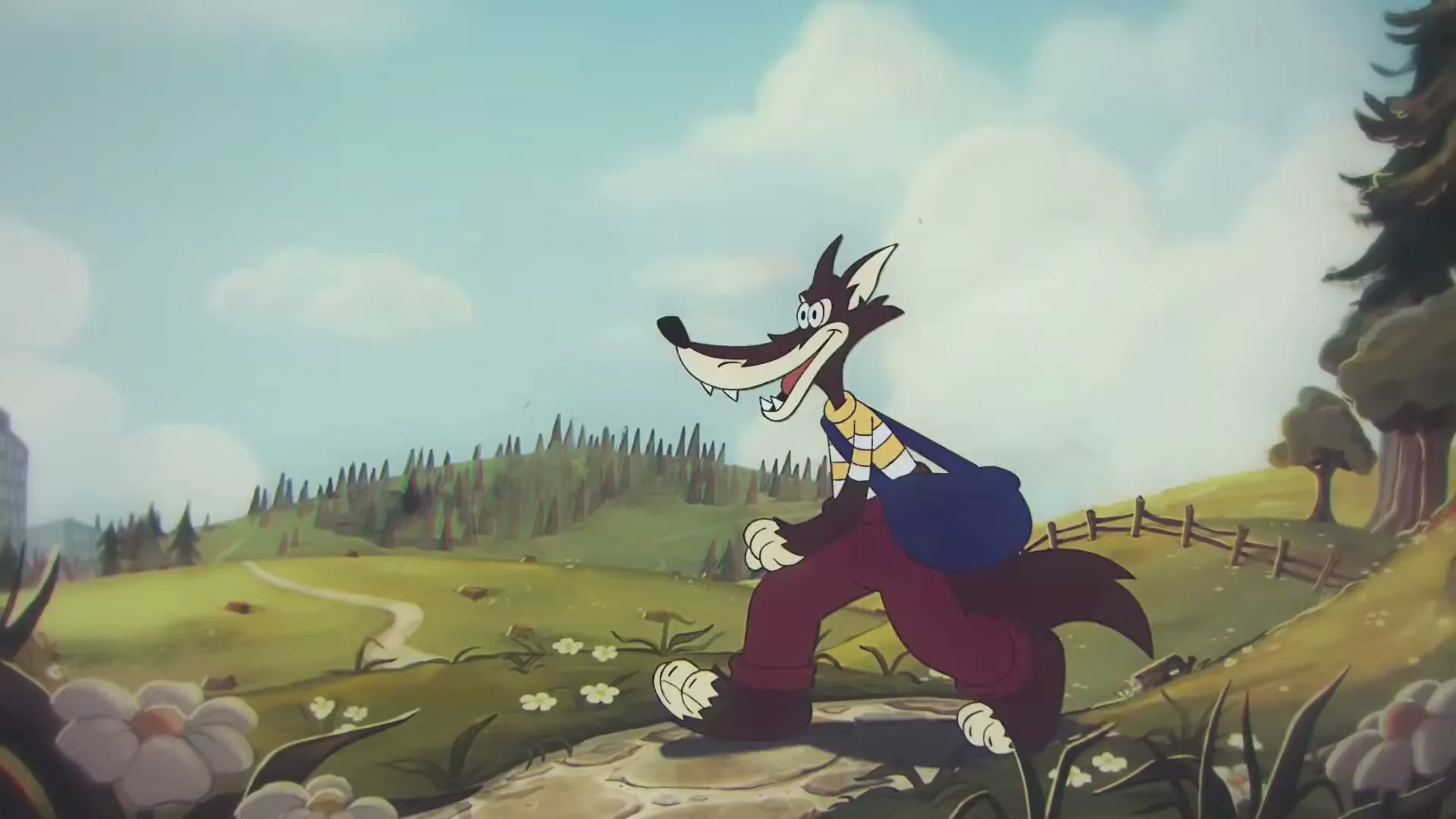 A cartoon wolf, wearing a striped shirt and carrying a blue bag, walks along a path in a green, hilly landscape under a blue sky.