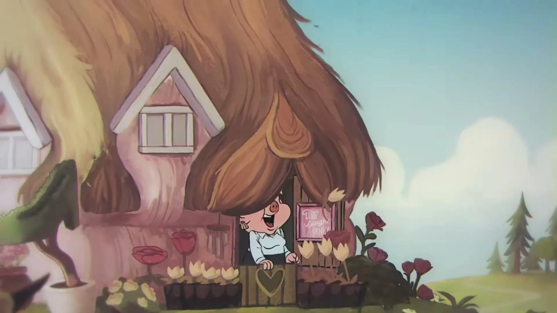 A cartoon pig in a blue shirt and black pants opens the door of a thatched cottage, then the house collapses on her.