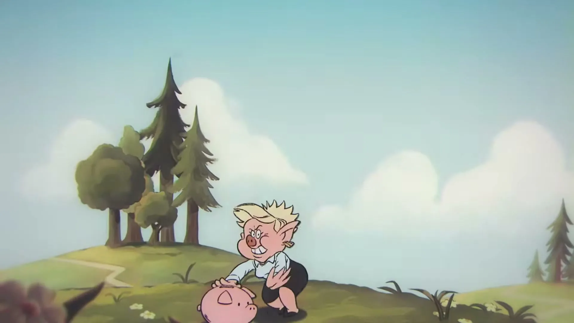 A cartoon pig character, dressed in a white shirt and black pants, runs away with a small pink pig in a stylized animated outdoor setting.