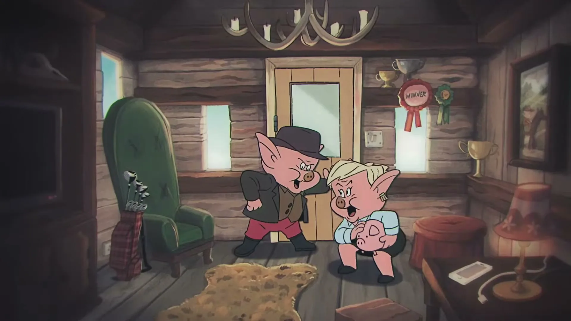 Two cartoon pigs, one in a suit and one in a shirt and skirt, are startled by a wolf in a cabin.