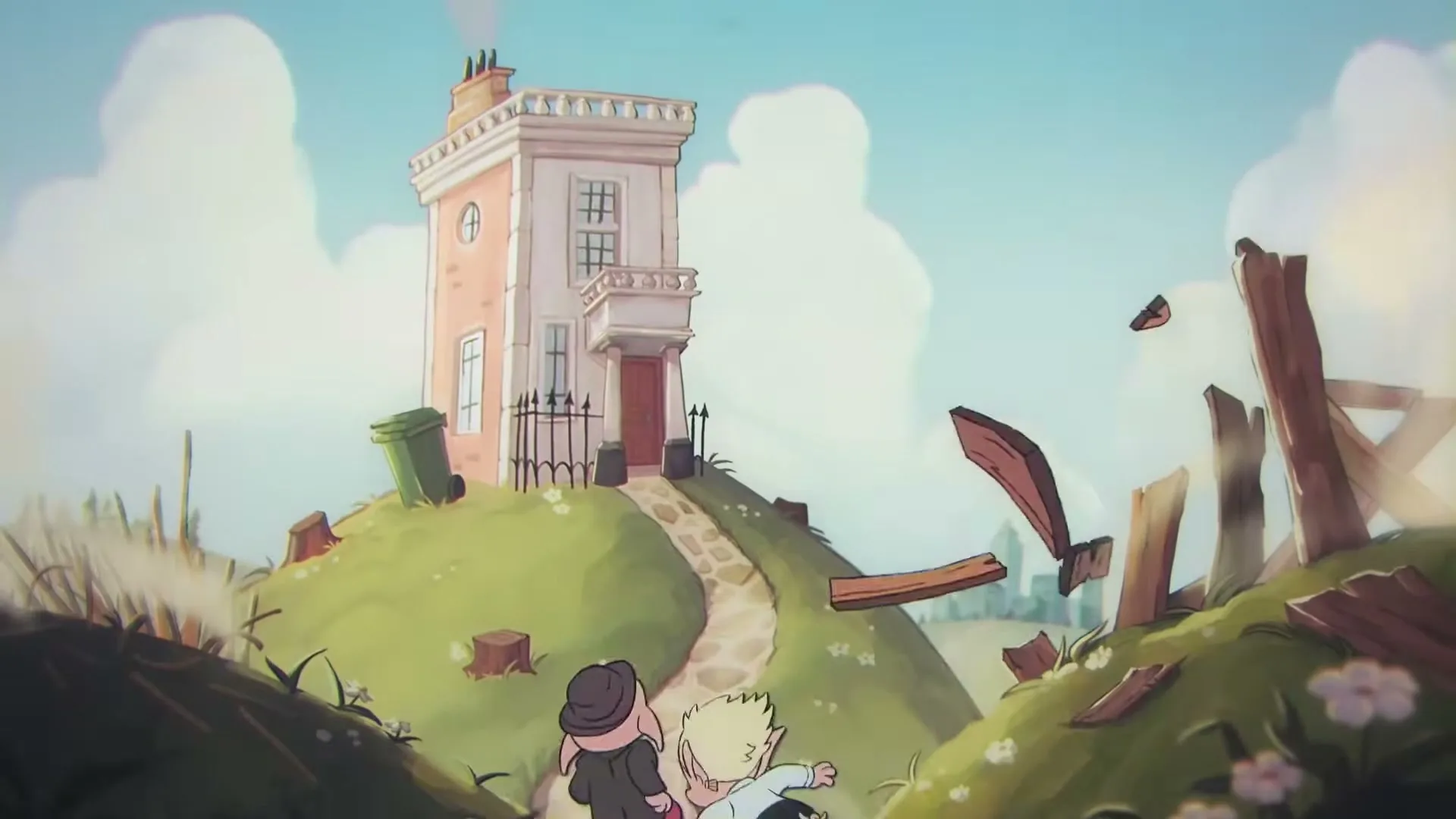 Two animated pigs, one in a black suit and hat, the other in a white shirt, run away from a crumbling fence towards a house on a hill.