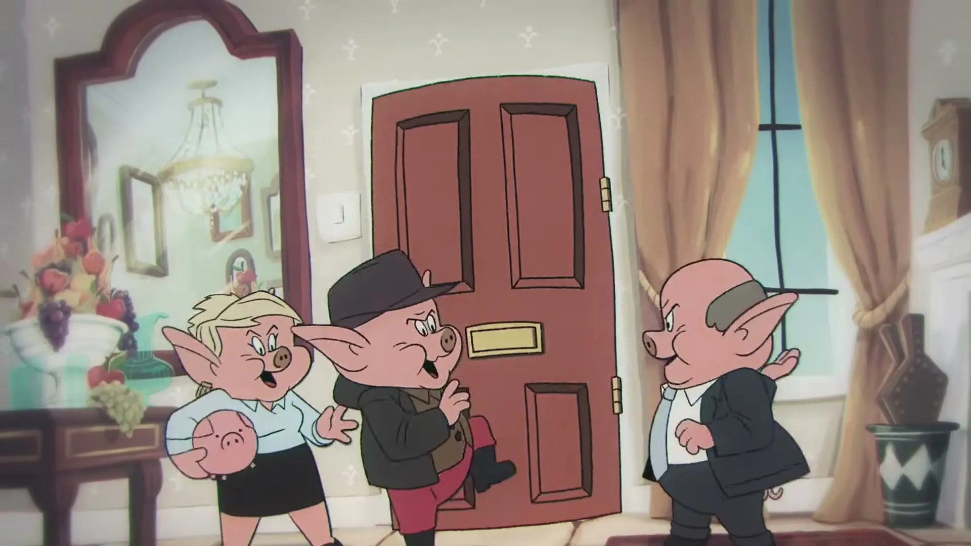 Three animated pig characters, two males and one female, are gathered in the entryway of a house, looking surprised and angry.