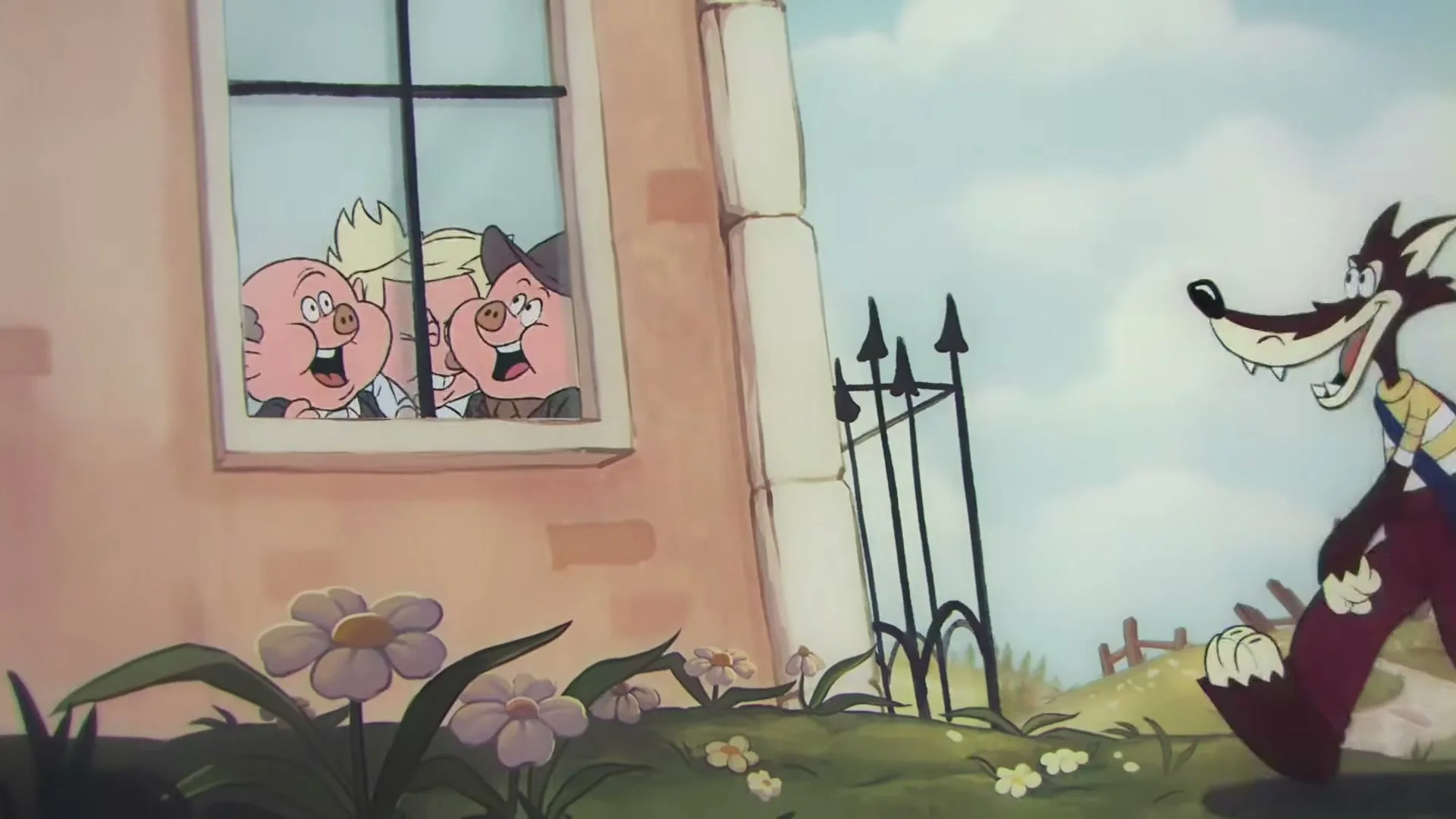 Three cartoon pigs look out a window at a cartoon wolf walking by a house in a field.