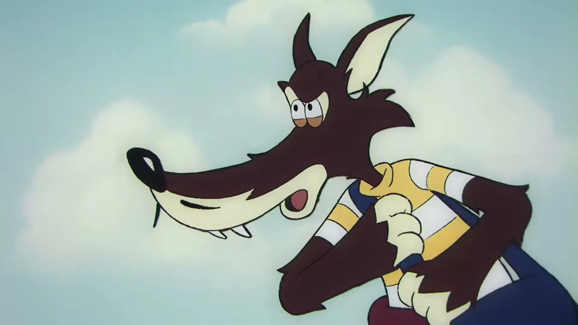 A cartoon wolf with brown fur and a yellow and white striped shirt looks surprised, then a blue overall strap covers his face.