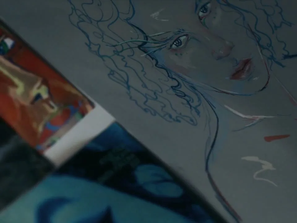 A close-up shot of a drawing of a person's face with curly hair, with other drawings visible in the background.