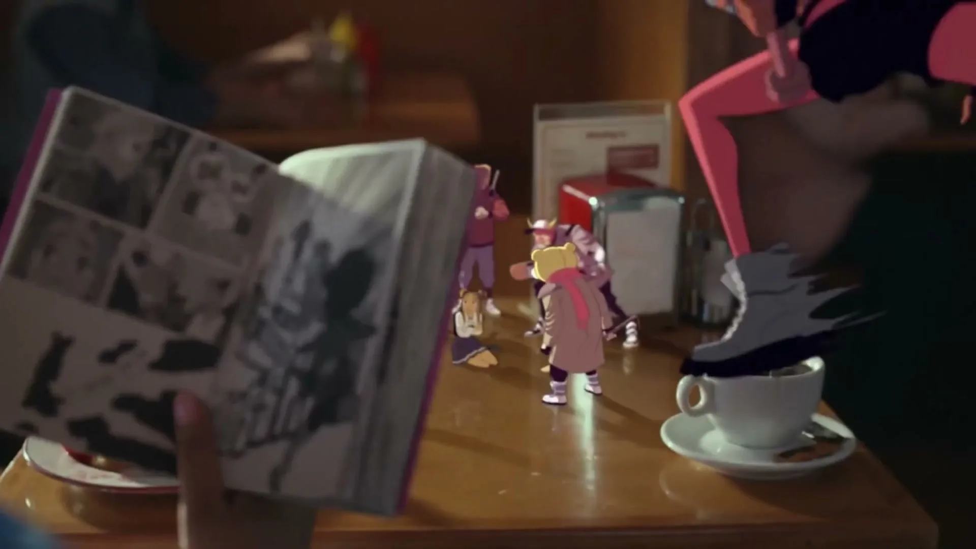 A person holds an open manga comic book, as animated characters from the book appear on the diner table, with lightning bolts striking around them.