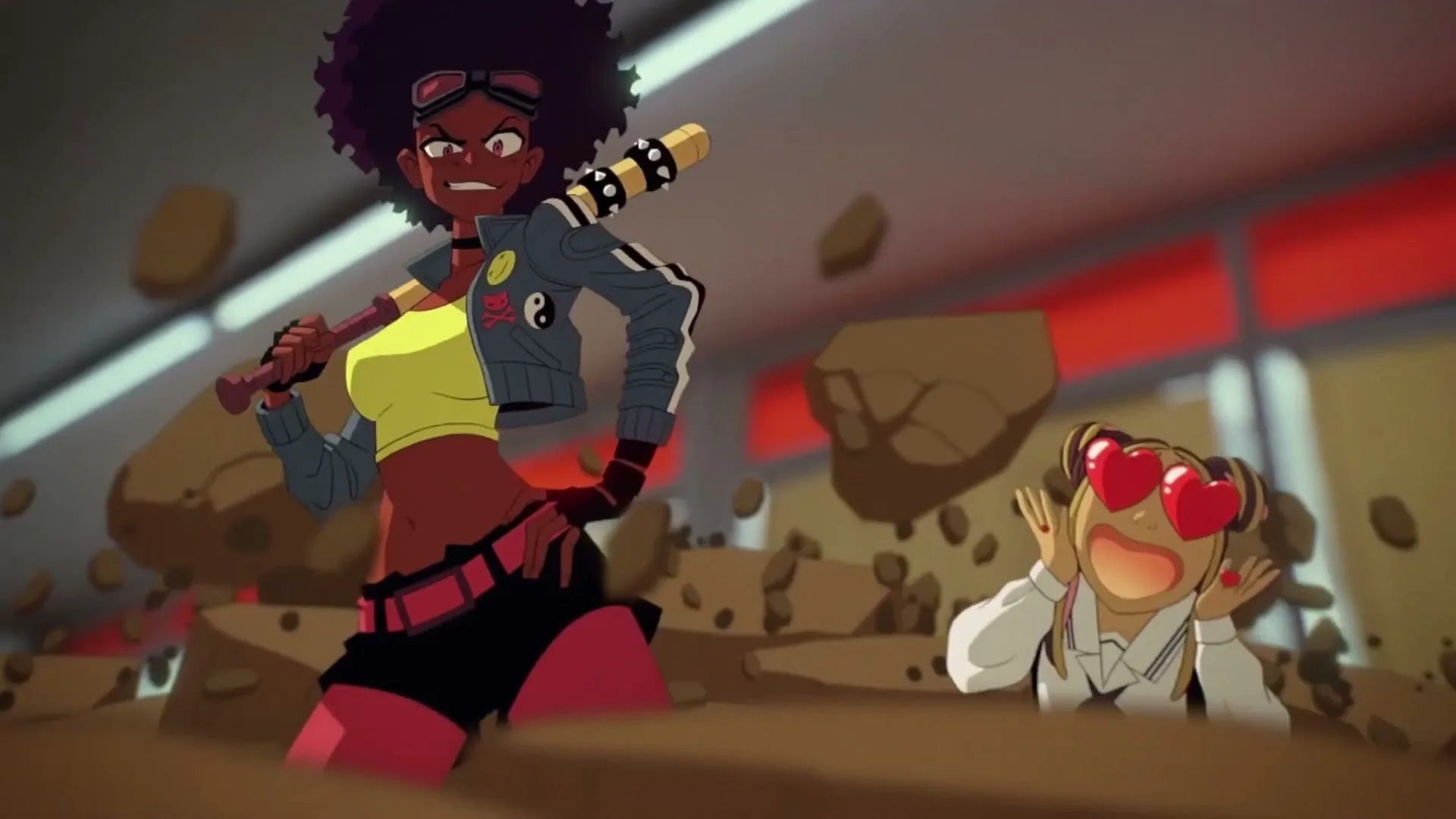 A dark-skinned woman with an afro and goggles, wearing a yellow crop top and jacket, stands with a spiked bat as a smaller woman with heart eyes emerges from the ground.