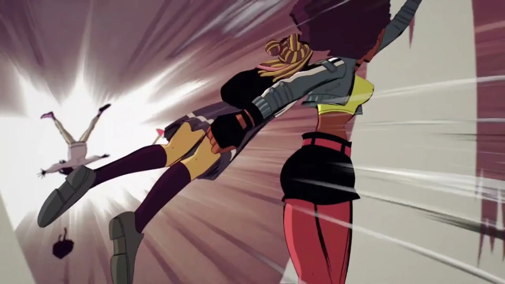 Two animated women, one with dark skin and goggles, the other with blonde hair, are in a dynamic pose, as if in a fight or dance, in a stylized interior.
