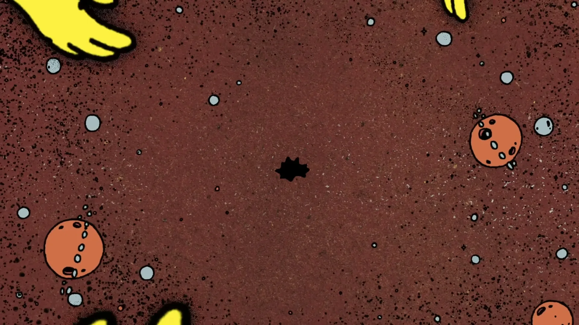 A skeleton with yellow wings appears from a black hole, then transforms into multiple yellow astronauts floating in a circle on a brown, speckled surface with small planets.